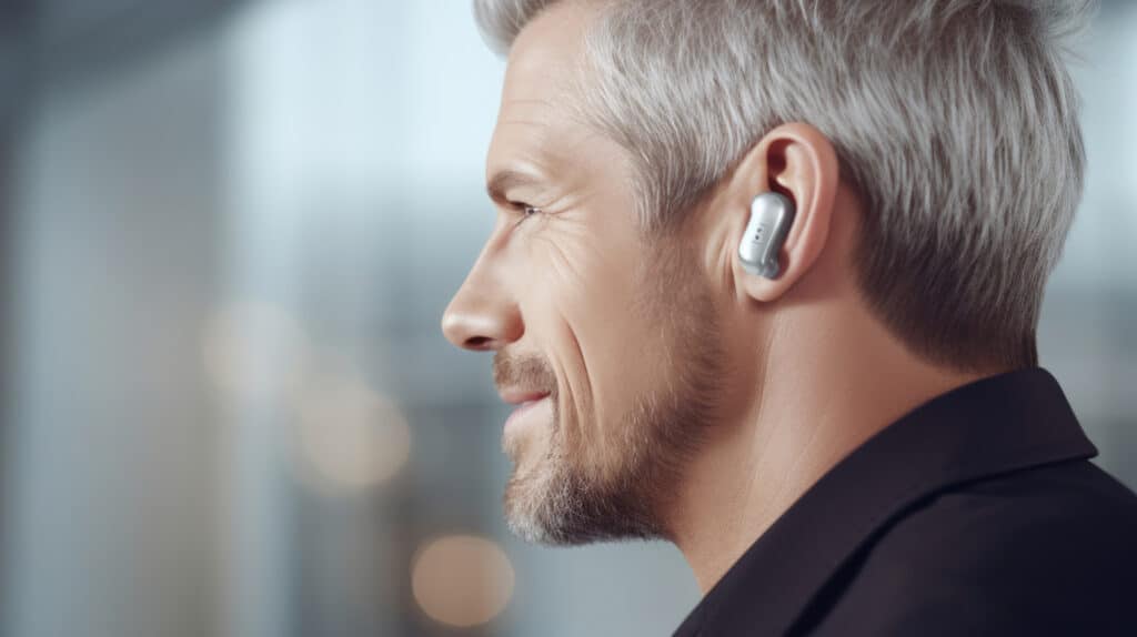 Mature man with assistive listening devices to help him hear clearly